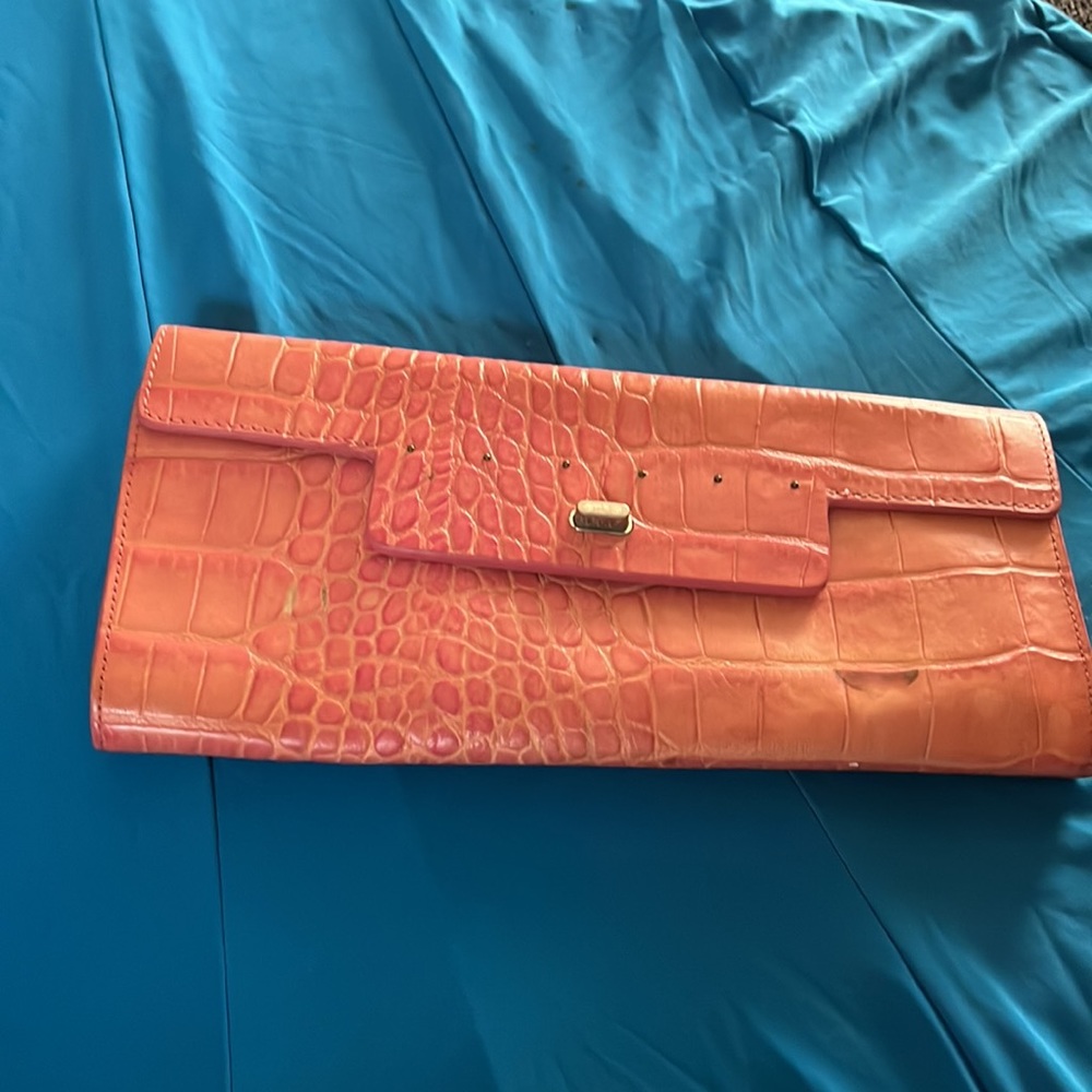 Monsac Pink leather convertible baguette or clutch purse crocodile